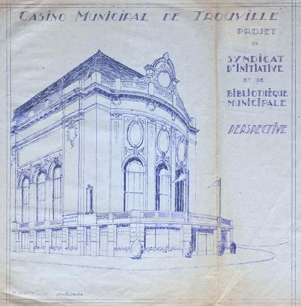 'Casino municipal de Trouville. Projet de syndicat d''initiative et de bibliothèque municipale. Perspective.- Dessin réalisé par Maurice Vincent, architecte, Trouville-sur-Mer, n.d., 1946 [?]. Reproduction photomécanique, 29,5 x 31 cm. (AC Trouville-sur-Mer. AMT 112).'