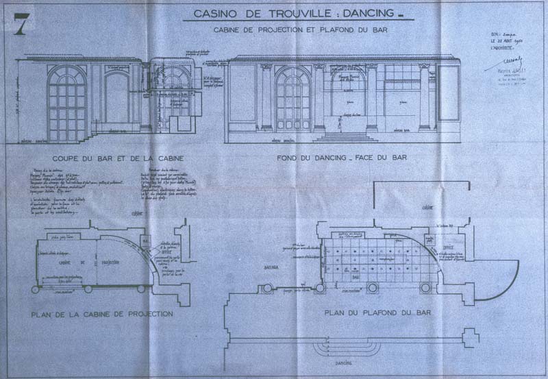 Casino municipal : Dancing. Cabine de projection et plafond du bar. Coupe du bar et de la cabine, fond du dancing et face du bar, plan de la cabine de projection, plan du plafond du bar.- Coupe, élévation et plans dressés par Maurice Halley, architecte, Trouville-sur-Mer, 22 août 1960. Reproduction photomécanique, échelle : 2 cm pour 1 mètre, 74 x 54 cm. (AC Trouville-sur-Mer. AMT 117).