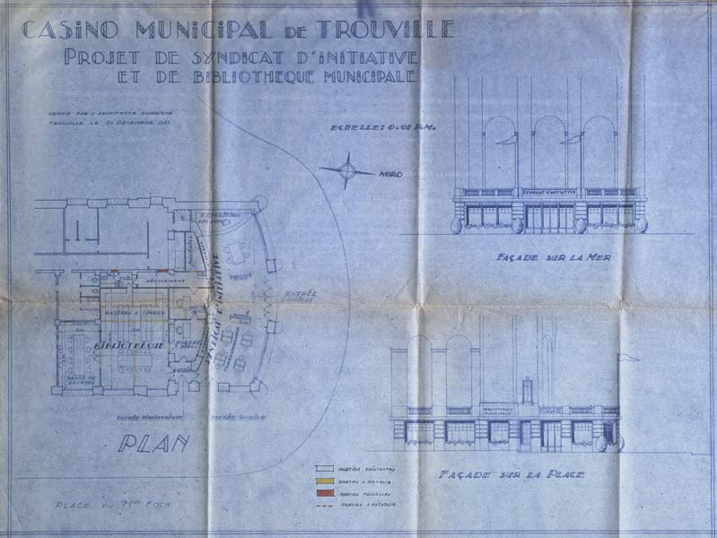 'Casino municipal de Trouville. Projet de syndicat d''initiative et de bibliothèque municipale. Plan, façade sur la mer, façade sur la place.- Plan et élévations dressés par Maurice Vincent, architecte, Trouville-sur-Mer, 31 décembre 1945. Reproduction photomécanique, échelle : 0,01 m pour 1 mètre, 70,2 x 54,4 cm. (AC Trouville-sur-Mer. AMT 117).'