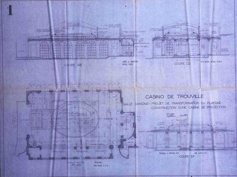 'Casino de Trouville. Salle de dancing : Projet de transformation du plafond, construction d''une salle de projection. Plan, coupe AB, coupe CD, coupe EF.- Plan et coupes dressés par Maurice Halley, architecte, Trouville-sur-Mer, 27 juin 1960. Reproduction photomécanique, échelle : 1 cm pour 1 mètre, 91 x 56 cm. (AC Trouville-sur-Mer. AMT 117).'