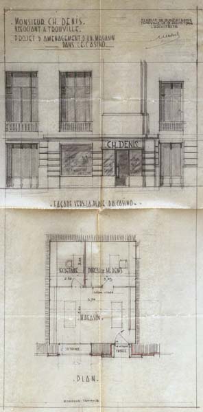 'Monsieur Ch. Denis, négociant à Trouville. Projet d''aménagement d''un magasin dans le casino. Façade vers la place du Casino, plan.- Elévation et plan dressés par Maurice Halley, architecte, Trouville-sur-Mer, 9 juillet 1946. Dessin à la mine de plomb sur calque, échelle : 0,02 m pour 1 mètre, 29,5 x 56,5 cm. (AC Trouville-sur-Mer. AMT 117).'