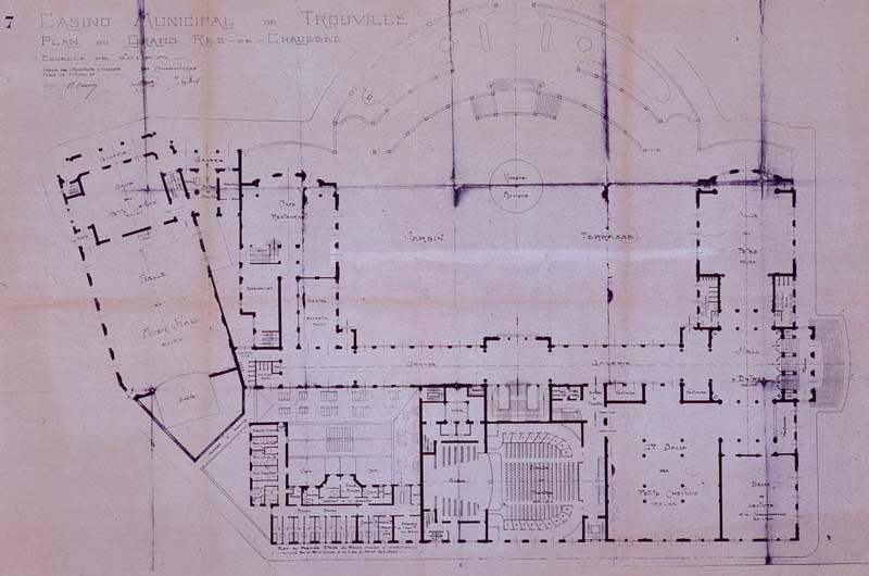 Casino Municipal de Trouville. Plan du Grand Rez-de-chaussée.- Plan dressé par A. Durville, architecte, Paris, 11 avril 1911. Reproduction photomécanique, échelle : 0,01 m pour 1 mètre, 84,2 x 57 cm. (Musée municipal, Villa Montebello, Trouville-sur-Mer).