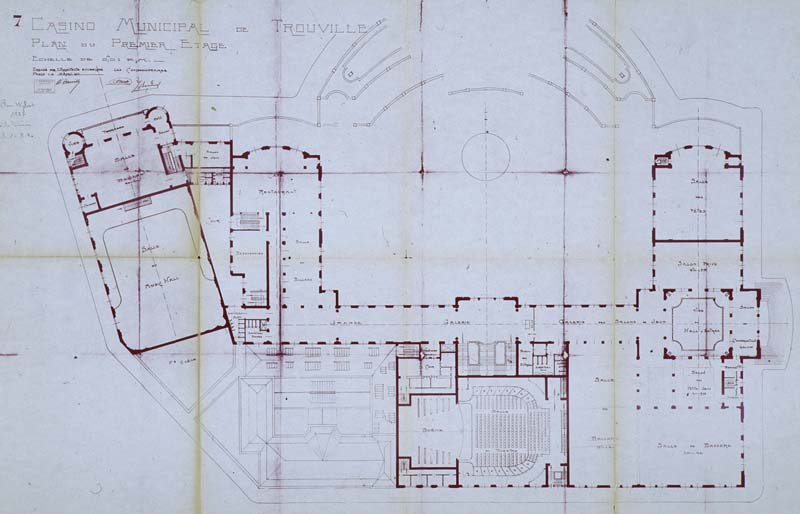 Casino Municipal de Trouville. Plan du Premier étage.- Plan dressé par A. Durville, architecte, Paris, 11 avril 1911. Reproduction photomécanique, échelle : 0,01 m pour 1 mètre, 84,2 x 57 cm. (Musée municipal, Villa Montebello, Trouville-sur-Mer).