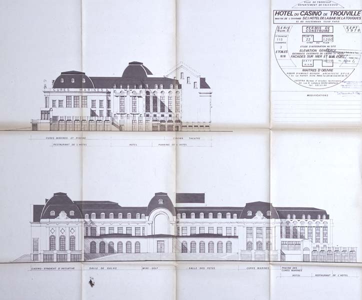 Hôtel du Casino de Trouville. Permis de construire. Plan n° 22. Elévation générale. Bâtiments existants du casino et hôtel. Façade sur la mer, façade sur le port.- Elévations dressées par Roger Diamant-Berger, architecte D.P.L.G., Paris, 15 septembre 1978. Reproduction photomécanique, 81 x 68 cm, échelle : 1/200e. (AC Trouville-sur-Mer. AMT 553).