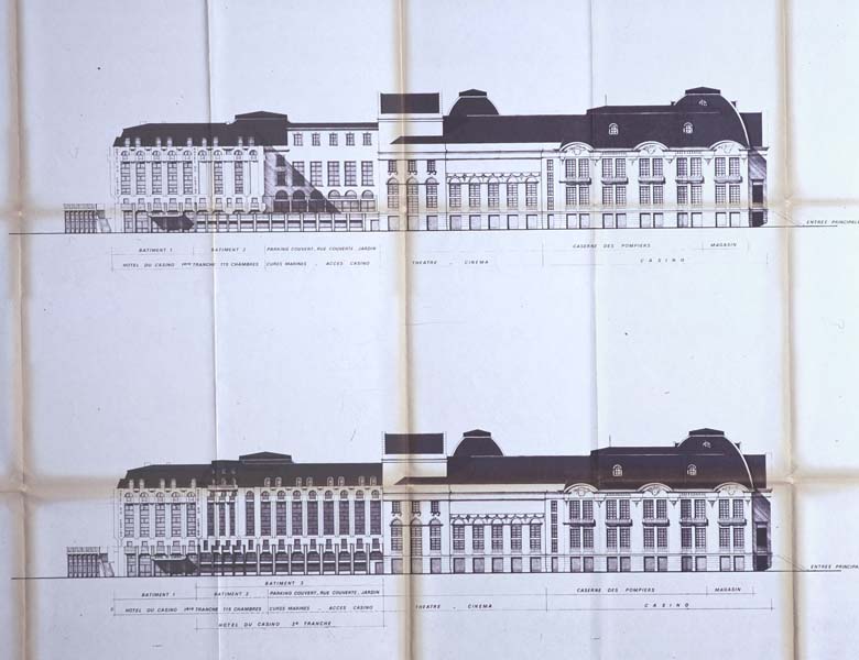 Hôtel du Casino de Trouville. Permis de construire. Plan n° 21. Elévation générale. Bâtiments existants du casino et hôtel. Façade sur la Touques, 1ère tranche. Façade sur la Touques, 2ème tranche.- Elévations dressées par Roger Diamant-Berger, architecte D.P.L.G., Paris, 15 septembre 1978. Reproduction photomécanique, 134 x 80 cm, échelle : 1/200e. (AC Trouville-sur-Mer. AMT 553).