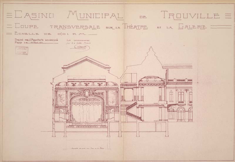 Casino Municipal de Trouville. Coupe transversale sur la Théâtre et la Galerie.- Coupe réalisée par A. Durville, architecte, Paris, 25 avril 1911. Reproduction photomécanique, échelle : 0,01 m pour 1 mètre, 49,2 x 33,4 cm. (Musée municipal, Villa Montebello, Trouville-sur-Mer).