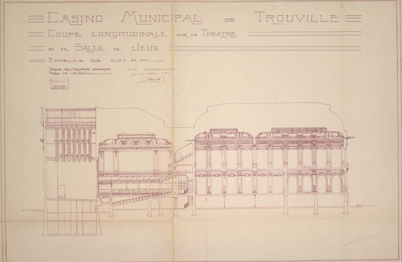 Casino Municipal de Trouville. Coupe longitudinale sur la Théâtre et la Salle de Jeux.- Coupe réalisée par A. Durville, architecte, Paris, 25 avril 1911. Reproduction photomécanique, échelle : 0,01 m pour 1 mètre, 49,2 x 33,4 cm. (Musée municipal, Villa Montebello, Trouville-sur-Mer).