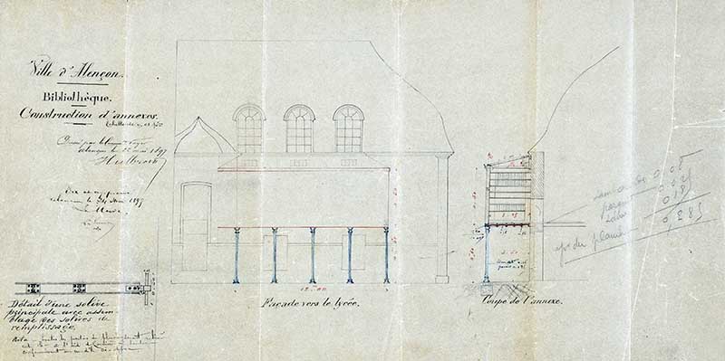 Bibliothèque : construction d'annexes.- Plan, coupe et élévation, 22 mai 1897. (AC Alençon).