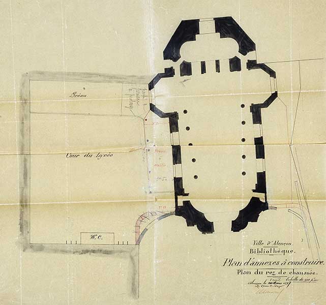 Bibliothèque. Plan d'annexes à construire du rez-de-chaussée.- Plan, 8 avril 1897. (AC Alençon).