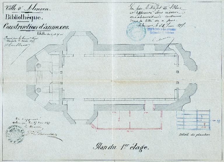 Bibliothèque : construction d'annexes. Plan du 1er étage, 8 avril 1897. (AC Alençon).