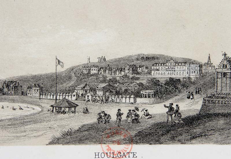 'Houlgate. Vue du casino [casino (1er) de Houlgate dit Le Salon ou Le Casino, puis Le Grand Salon].- Lithographie par et d''après un dessin signé Deroy, n.d., 3ème quart du 19e siècle. Lithographie en 2 tons, 10 x 6,3 cm. Sur 1 composition de 14 vues. (Musée municipal, Villa Montebello, Trouville-sur-Mer).'