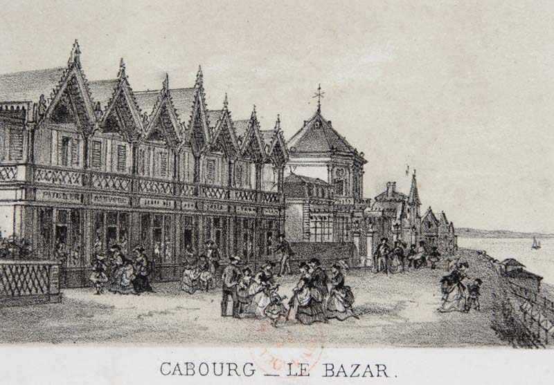 'Cabourg, le bazar [2e casino]..- Lithographie par et d''après un dessin exécuté par Deroy vers 1875. Lithographie en 2 tons, 10 x 6,3 cm. (Musée municipal, Villa Montebello, Trouville-sur-Mer).'