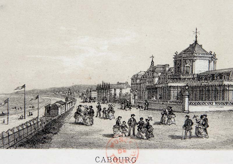 'Cabourg, le casino [2e casino]..- Lithographie par et d''après un dessin exécuté par Deroy vers 1875. Lithographie en 2 tons, 9,9 x 6,2 cm. (Musée municipal, Villa Montebello, Trouville-sur-Mer).'