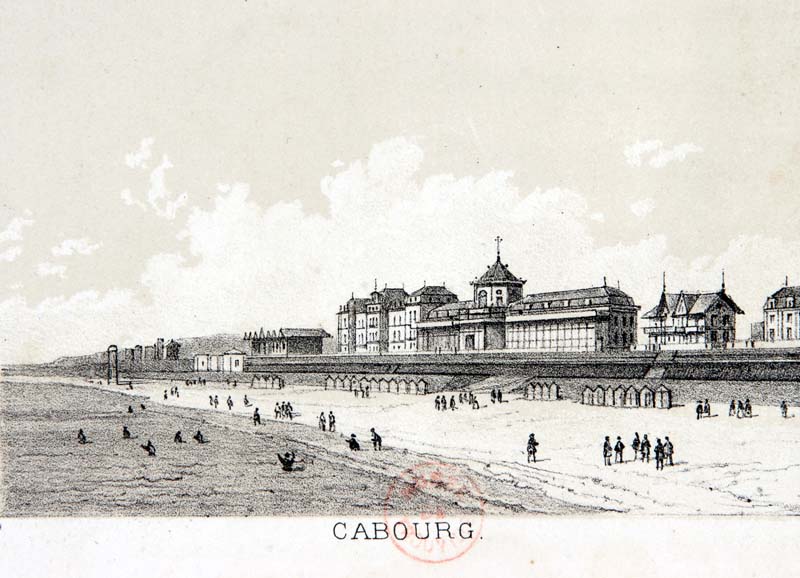 'Cabourg, le casino [2e casino].- Lithographie par et d''après un dessin exécuté par Asselineau vers 1875. Lithographie en 2 tons, 11 x 7 cm. (Musée municipal, Villa Montebello, Trouville-sur-Mer).'