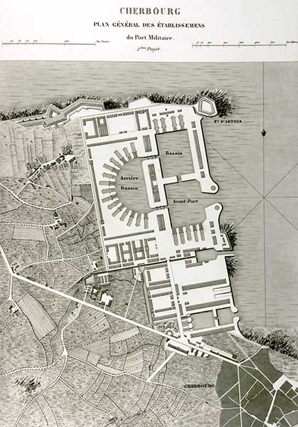 CHERBOURG. PLAN GENERAL DES ETABLISSEMENTS du Port militaire. 2ème projet.- Gravure, tirée de : CACHIN, Joseph Marie François. Description générale des travaux exécutés à Cherbourg pendant le Consulat et l'Empire. Paris : Carilian-Goeury et V. Dalmont, s.d.