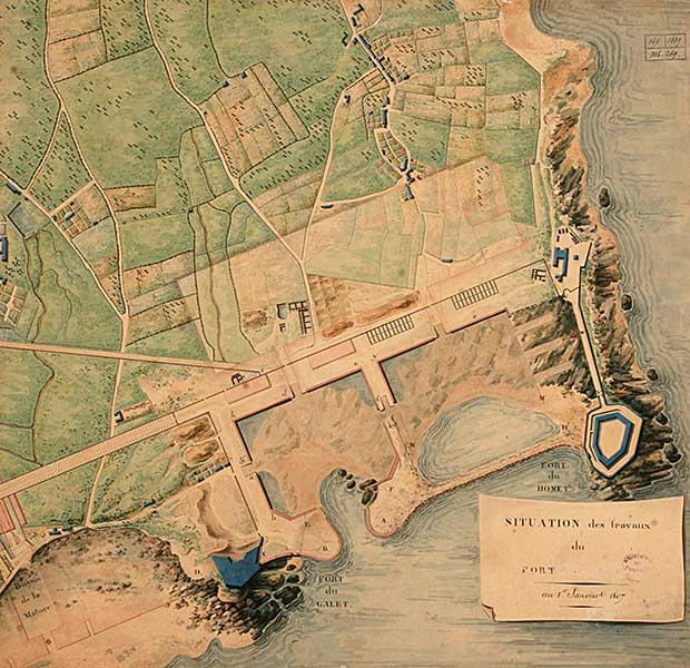 Situation des travaux du port.- Dessin à l'encre et aquarelle sur papier, 41 x 44 cm, 1er janvier 1807. (Bibliothèque municipale, Cherbourg-Octeville. Album K, vol 2, F° 35.).