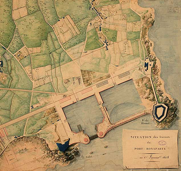 Situation des travaux du port.- Dessin à l'encre et aquarelle sur papier, 41 x 44 cm, 1er janvier 1808. (Bibliothèque municipale, Cherbourg-Octeville. Album K, vol 2, F° 35.).