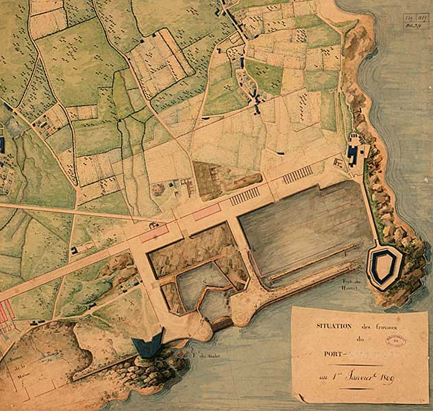 Situation des travaux du port.- Dessin à l'encre et aquarelle sur papier, 41 x 44 cm, 1er janvier 1809. (Bibliothèque municipale, Cherbourg-Octeville. Album K, vol 2, F° 35.).