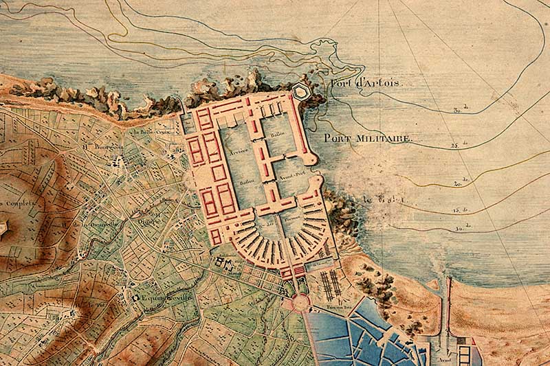 Carte générale de la rade de Cherbourg et des projets proposés pour l'établissement d'un port militaire dans l'anse du Galet.- Dessin à l'encre et aquarelle sur papier, 40 x 66 cm, 1er mai 1801. (Bibliothèque municipale, Cherbourg-Octeville. Album K, vol 3, F° 87).