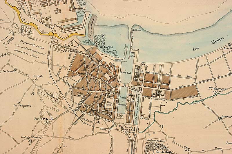 Plan général du port, de la rade et de la ville de Cherbourg... 1863, détail.- Gravure de Lamy, A (graveur), 59 x 80 cm. (Bibliothèque municipale, Cherbourg-Octeville. Album K, vol 3, F° 82 - Cat.6909).