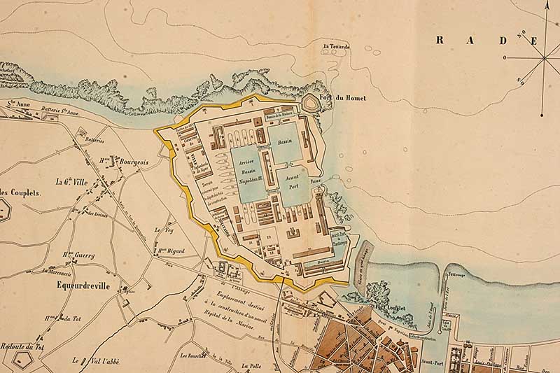 Plan général du port, de la rade et de la ville de Cherbourg... 1863, détail.- Gravure de Lamy A (graveur), 59 x 80 cm. (Bibliothèque municipale, Cherbourg-Octeville. Album K, vol 3, F° 82 (Cat.6909)).