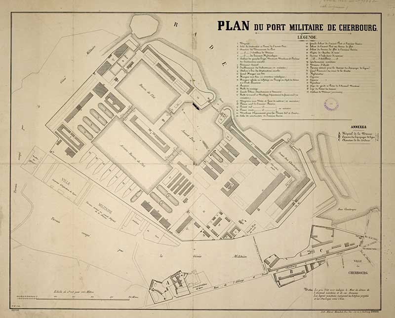 Plan du port militaire de Cherbourg.- Lithographie de Mouchel Marcel (graveur), 49, 5 x 61 cm, vers 1860. (Bibliothèque municipale, Cherbourg-Octeville. Album K, vol 3, F° 72).