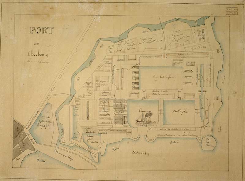 Port de Cherbourg fait par Charles Liot, année 1850.- Dessin à l'encre et aquarelle sur papier, 41 x 55 cm. (Bibliothèque municipale, Cherbourg-Octeville. Album K, vol 3, F° 83.).