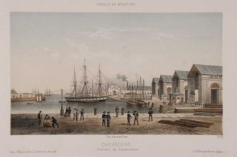 Cherbourg. Atelier de Construction.- Lithographie n°84 de Becquet frères (graveur), 30,2 x 21 cm, s. d. (Bibliothèque municipale, Cherbourg-Octeville. Boîte PF 2).