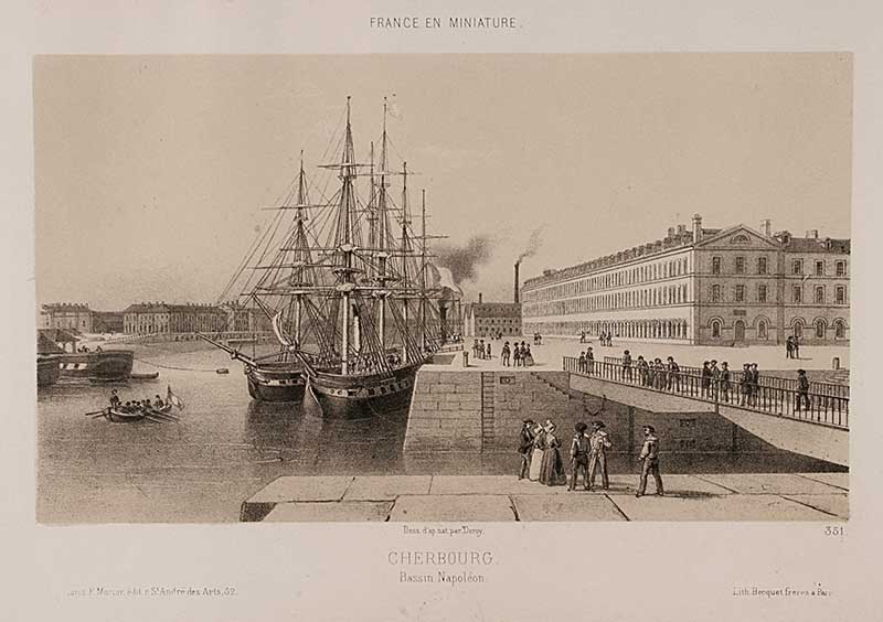 Cherbourg. Bassin Napoléon.- Lithographie de Becquet frères (graveur), 30,2 x 21 cm, s. d. (Bibliothèque municipale, Cherbourg-Octeville. Boîte PF 2).