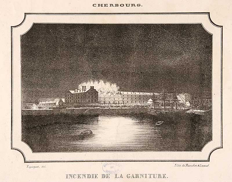 Incendie de la Garniture.- Lithographie n° 66 de Beaufort (graveur) et Lecauf (graveur), s. d. (Bibliothèque municipale, Cherbourg-Octeville. Bopite PF 4).