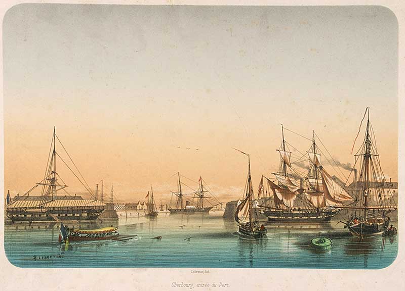 Cherbourg, entrée du Port.- Lithographie de Lebreton (graveur), 34,8 x 26,5 cm, s. d. (Bibliothèque municipale, Cherbourg-Octeville. Boîte PF 3).