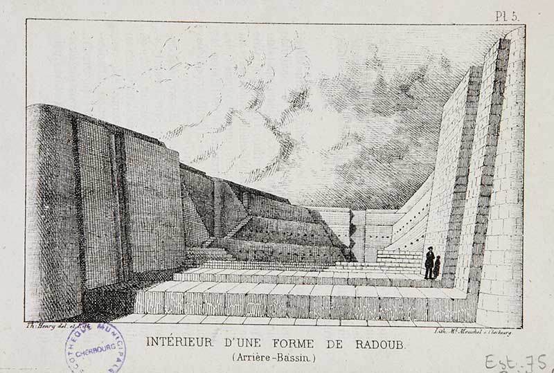 Intérieur d'une forme de radoub (Arrière-Bassin).- Lithographie n° 75 de Mouchel Marcel (graveur), 18 x 11,5 cm, s. d. (Bibliothèque municipale, Cherbourg-Octeville. Boîte PF 2).
