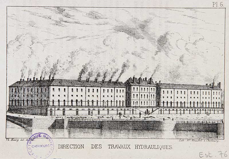 Direction des travaux hydrauliques.- Lithographie n° 76 de Mouchel (graveur), 18 x 11,5 cm, s. d. (Bibliothèque municipale, Cherbourg-Octeville. Boîte PF 2).