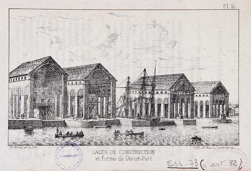 Cales de construction et Forme de l'Avant-Port.- Lithographie n° 72 de Mouchel Marcel (graveur), 14, 5 x 9 cm, s. d. (Bibliothèque municipale, Cherbourg-Octeville. Boîte PF 1).