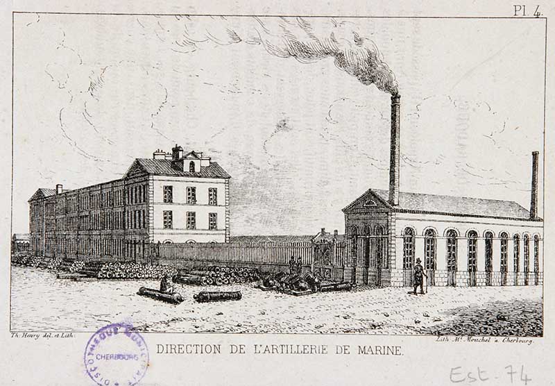 Direction de l'artillerie de marine.- Lithographie n° 74 de Mouchel (graveur), 18 x 11,5 cm, s. d. (Bibliothèque municipale, Cherbourg-Octeville. Boîte PF 2).