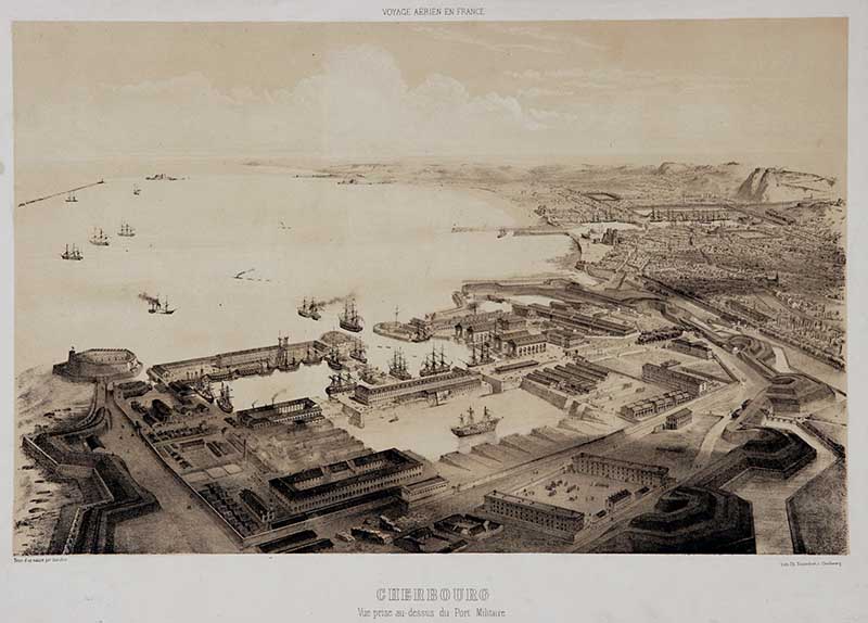 Cherbourg : vue prise au-dessus du port militaire.- Lithographie de Feuardent Charles (graveur), 44,5 x 28,5 cm, vers 1860. (Bibliothèque municipale, Cherbourg-Octeville. Boîte GF1).