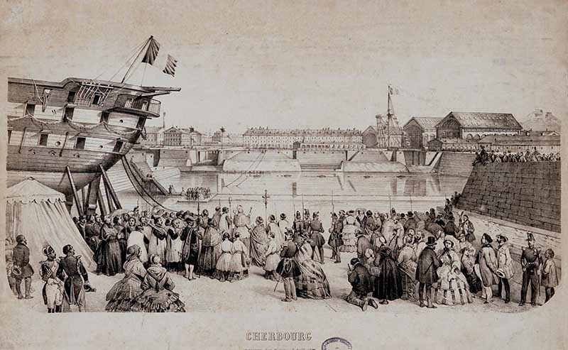 CHERBOURG Immersion d'un bassin, 7 août 1858.- Lithographie, 48 x 28,5 cm, s. d. (Bibliothèque municipale, Cherbourg-Octeville. Boîte GF 3).
