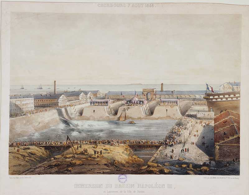 Immersion du bassin Napoléon III et lancement de la Ville de Nantes.- Gravure de Marni (graveur), 46 x 32,5 cm, s. d. (Bibliothèque municipale, Cherbourg-Octeville. Boîte GF 3).