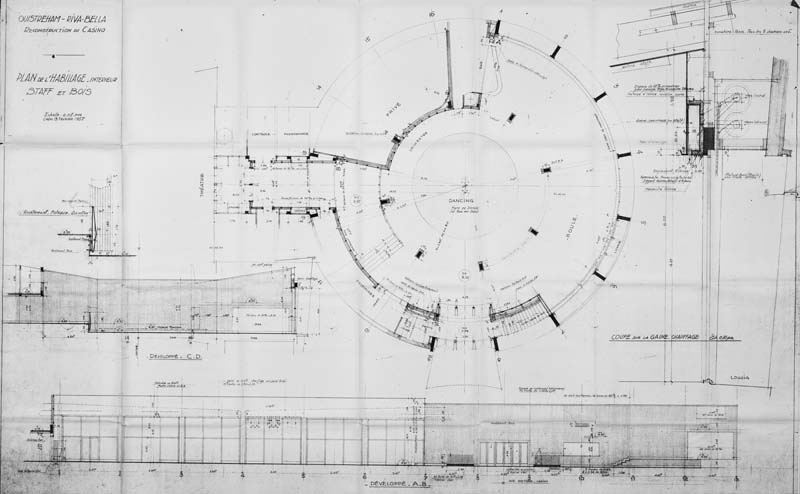 'Ouistreham - Riva-Bella. Plan de l''habillage intérieur. Staff et bois. Développé CD. Développé AB.- Plan, coupes et développés, n.s., [attribué à Dureuil, Allaire et Muller, architectes], Caen, 13 février 1957. Encre sur papier, échelle : 0,02m pour 1 mètre, 142,5 x 89 cm. (AC Ouistreham).'