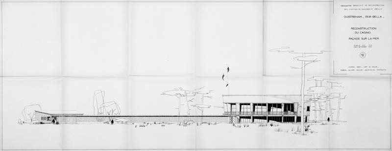 'Association syndicale de reconstruction des cantons de Douvres et Creully. Ouistreham - Rival-Bella. Reconstruction du casino 12. Façade sur mer.- Elévation signée Dureuil, architecte, chef de groupe, Dureuil, Allaire, Muller, architectes d''opération, n.d., 1955 [ ?]. Encre sur papier, échelle : 0,01m pour 1 mètre, 136 x 54 cm. (AC Ouistreham).'