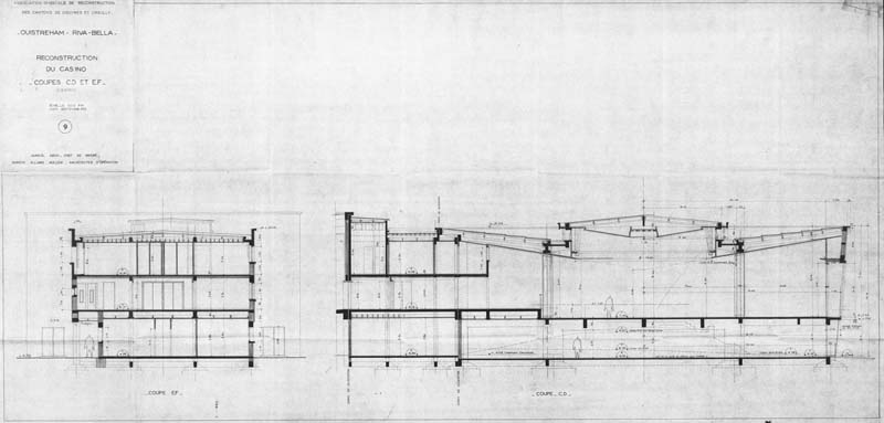 'Association syndicale de reconstruction des cantons de Douvres et Creully. Ouistreham - Riva-Bella. Reconstruction du casino 9, coupes CD et EF.- Coupes signées Dureuil, architecte, chef de groupe, Dureuil, Allaire, Muller, architectes d''opération, Caen, septembre 1955. Reprod. photoméca., échelle : 0,02m pour 1 mètre, 135 x 66 cm. (AC Ouistreham).'