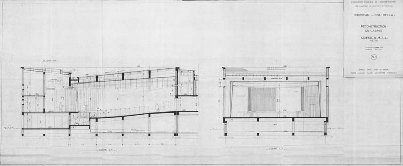 'Association syndicale de reconstruction des cantons de Douvres et Creully. Ouistreham - Riva-Bella. Reconstruction du casino 10. Coupes GH et IJ. Théâtre.- Coupes signées Dureuil, architecte, chef de groupe, Dureuil, Allaire, Muller, architectes d''opération, Caen, septembre 1955. Reprod. photoméca., échelle : 0,02m pour 1 mètre, 138 x 57 cm. (AC Ouistreham).'