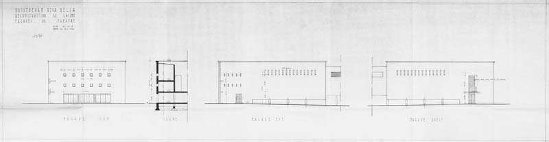 Ouistraham - Riva-Bella. Reconstruction du casino 13 bis. Façade du théâtre, façade sud, coupe, façade est. Théâtre.- Elévations et coupe, n.s., [attribuées à Dureuil, Allaire, Muller, architectes], Caen, 9 novembre 1956. Reprod. photoméca., échelle : 0,01m pour 1 mètre, 134,5 x 36,5 cm. (AC Ouistreham).