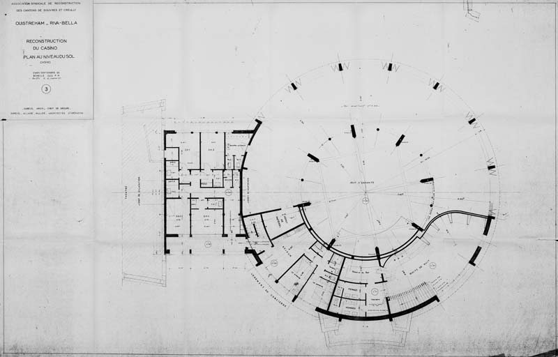 'Association syndicale de reconstruction des cantons de Douvres et de Creully. Ouistreham - Riva-Bella. Reconstruction du casino 3. Plan au niveau du sol. [3e casino].- Plan signé Dureuil, architecte, chef de groupe, Dureuil, Allaire et Muller, architectes d''opération, Caen, septembre 1955. Reprod. photoméca., échelle : 0,002m pour 1 mètre, 125 x 81 cm. (AC Ouistreham).'