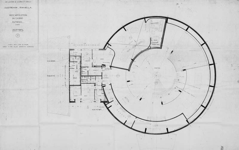 'Association syndicale de reconstruction des cantons de Douvres et Creully. Ouistreham - Riva-Bella. Reconstruction du casino 7. Entresol. [3e casino].- Plan signé Dureuil, architecte, chef de groupe, Dureuil, Allaire et Muller, architectes d''opération, Caen, septembre 1955. Reprod. photoméca., échelle : 0,02m pour 1 mètre, 118,5 x 79,5 cm. (AC Ouistreham).'