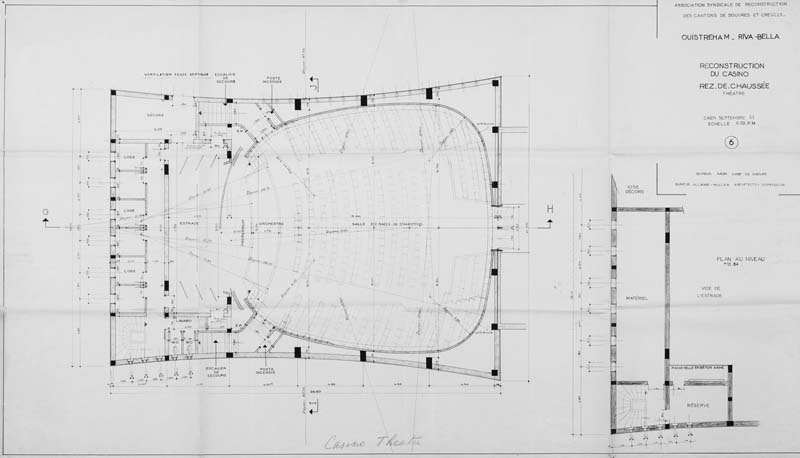 'Association syndicale de reconstruction des cantons de Douvres et Creully. Ouistreham - Riva-Bella. Reconstruction du casino 6, rez-de-chaussée. Théâtre- Plans signés Dureuil, architecte, chef de groupe, Dureuil, Allaire, Muller, architectes d''opération, Caen, septembre 1955. Encre et crayon sur papier, échelle : 0,02m pour 1 mètre, 110,5 x 62,5 cm. (AC Ouistreham).'