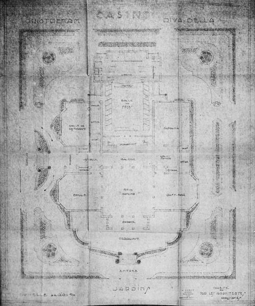 Casino Ouistreham - Riva Bella [2ème casino dit le Casino Municipal].- Plan signé E. Duroy, architecte, membre de la Société des architectes de Basse-Normandie, rue des Chanoines, Caen, n.d. Reprod. photoméca., échelle : 0,01m pour 1 mètre, 84 x 70,5 cm. (AC Ouistreham).