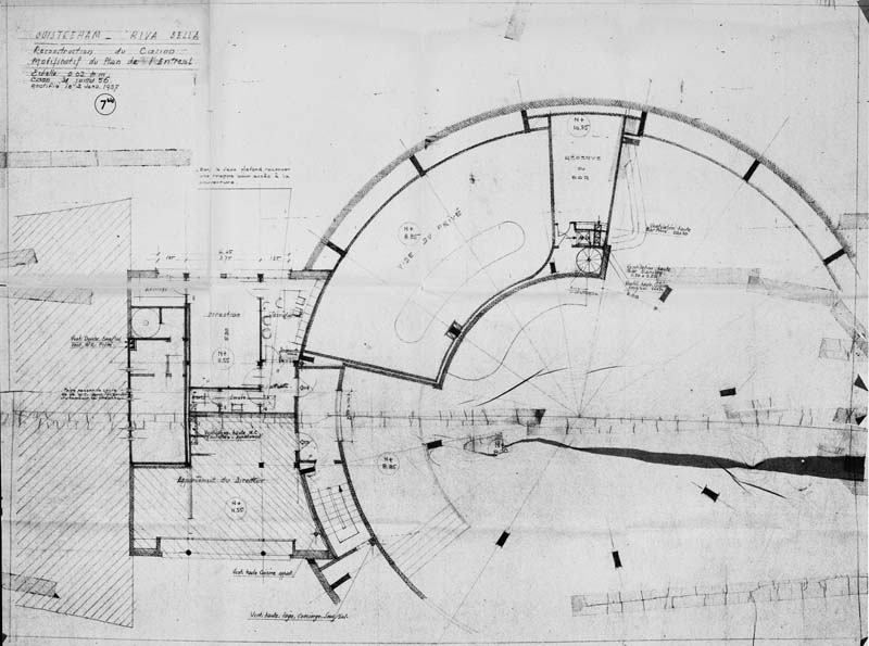 'Ouistreham - Riva-Bella. Reconstruction du casino 7 bis. Modification du plan de l''entresol. Casino 7bis.- Plan, n.s., [attribué à Dureuil, Allaire et Muller, architectes], Caen, 31 juillet 1956. Reprod. photoméca., échelle : 0,02m pour 1 mètre, 84 x 62,5 cm. (AC Ouistreham).'