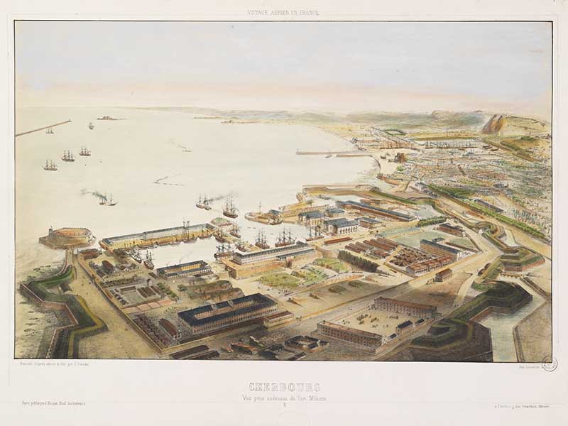 CHERBOURG. Vue prise au-dessus du Port Militaire.- Lithographie de Guesdon Antoine (graveur), vers 1860. (Musée d'art Thomas-Henry, Cherbourg-Octeville).