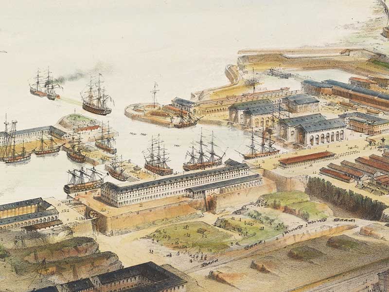 CHERBOURG. Vue prise au-dessus du Port Militaire. Détail.- Lithographie de Guesdon Antoine (graveur), vers 1860. (Musée d'art Thomas-Henry, Cherbourg-Octeville).
